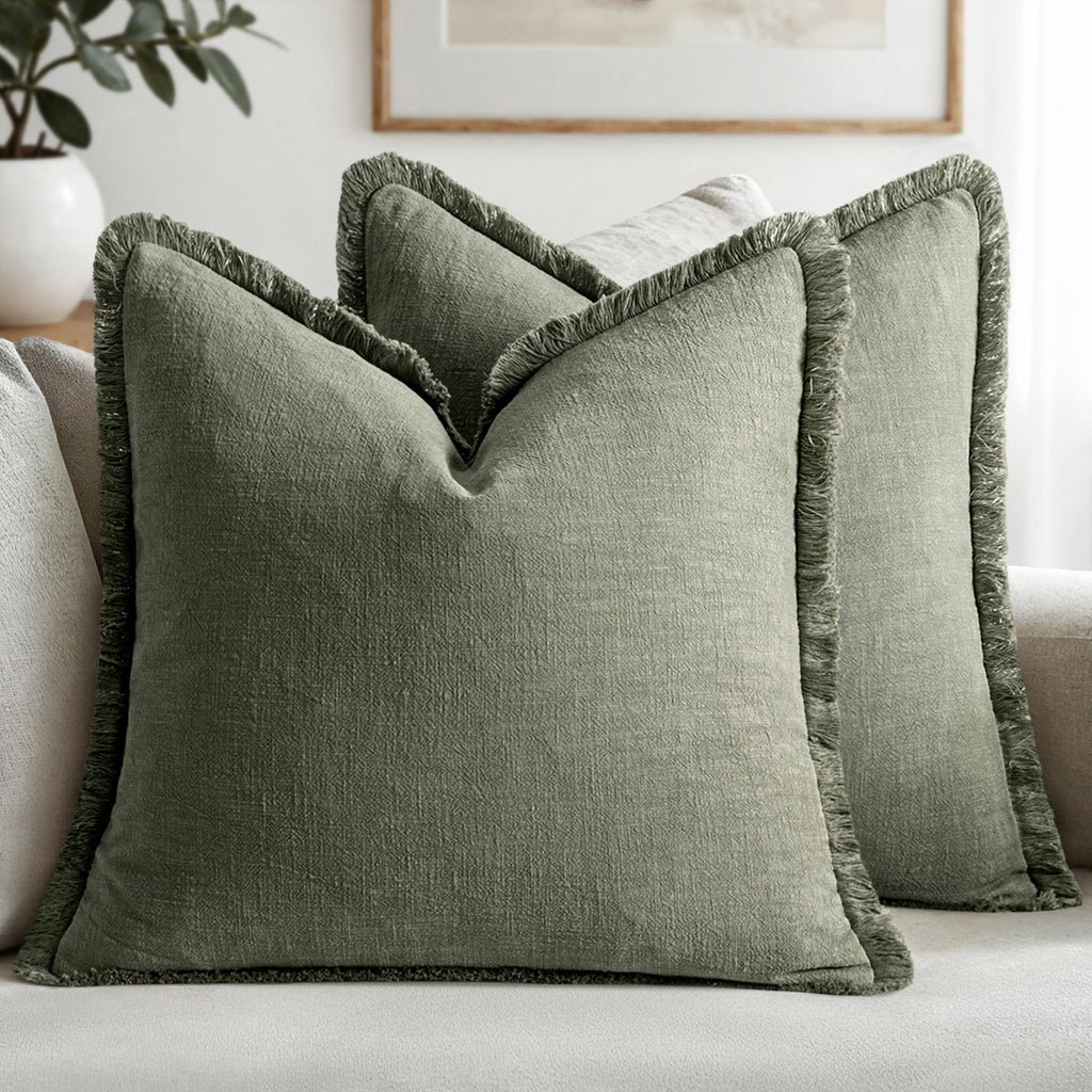 MIULEE Linen Fringe Decorative Throw Pillow Covers Natural Beige 20x20