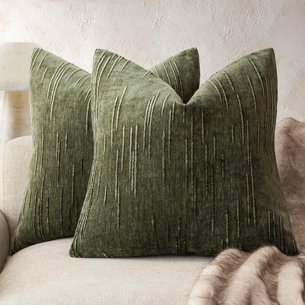 Foindtower Pack of 2 Slubby Textured Chenille Throw Decorative Pillow Covers Square Accent Solid Cushion Cover Neutral Farmhouse Pillow Case for Sofa Bedroom Living Room 18x18 Inch,Dark Olive Green