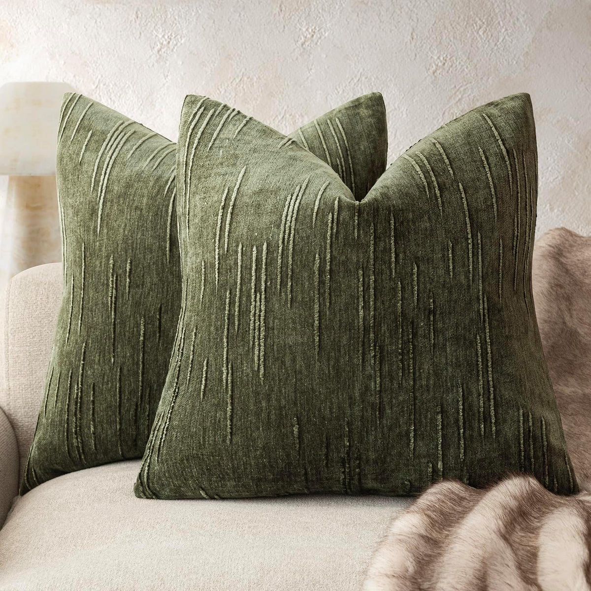 Foindtower Pack of 2 Slubby Textured Chenille Throw Decorative Pillow Covers Square Accent Solid Cushion Cover Neutral Farmhouse Pillow Case for Sofa Bedroom Living Room 18x18 Inch,Dark Olive Green