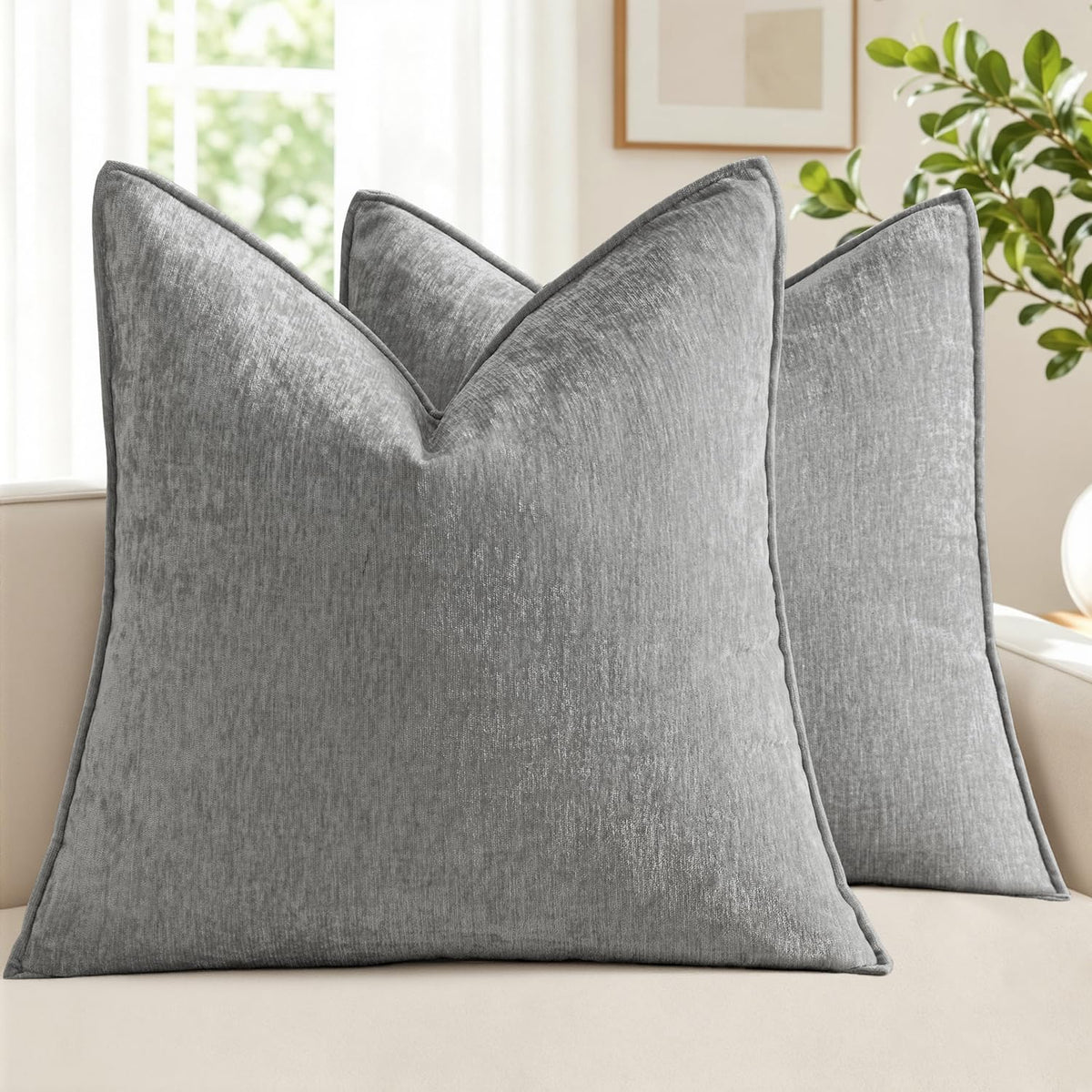 MIULEE Chenille Couch Pillow Covers for Living Room 18x18 Natural Beige