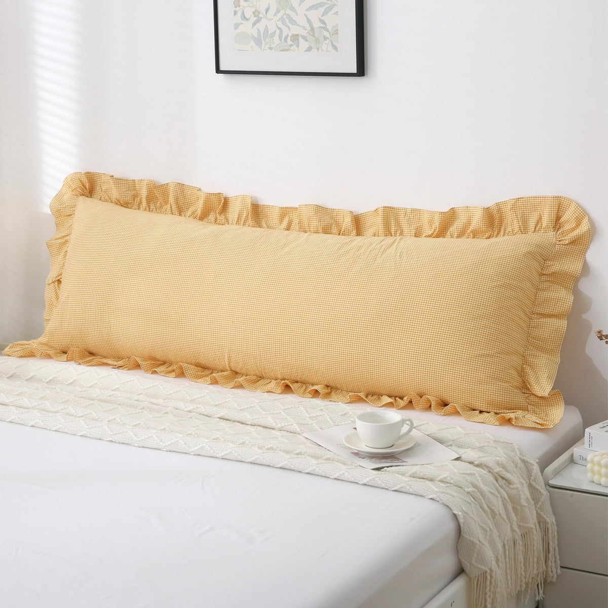 Gingham Throw Pillow Covers 18x18, Warm Taupe/White, Ruffle Trim