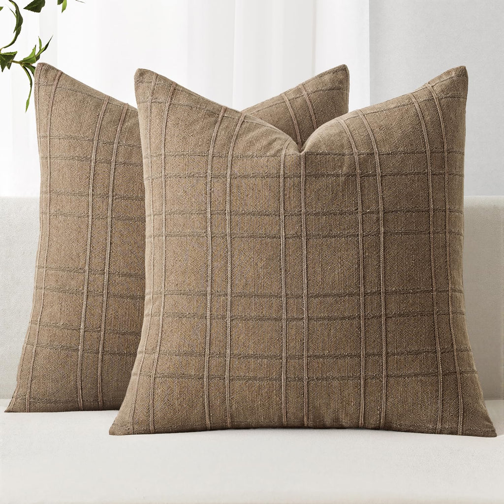 MIULEE Linen Plaid Pillow Covers Decorative 20x20 Natural Beige