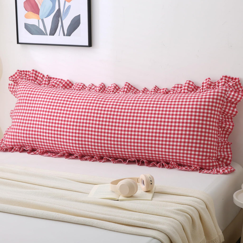 Gingham Throw Pillow Covers 18x18, Warm Taupe/White, Ruffle Trim