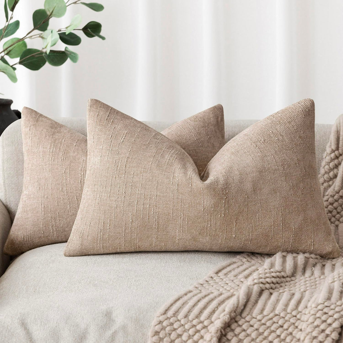 Foindtower Solid Textured Chenille Throw Pillow Covers 20x20 Inch,Taupe