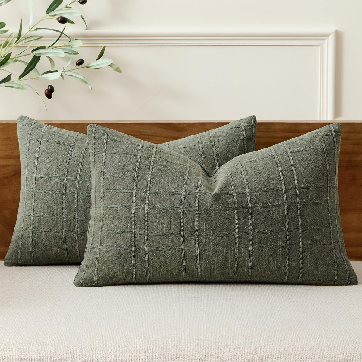 MIULEE Linen Plaid Pillow Covers Decorative 20x20 Natural Beige