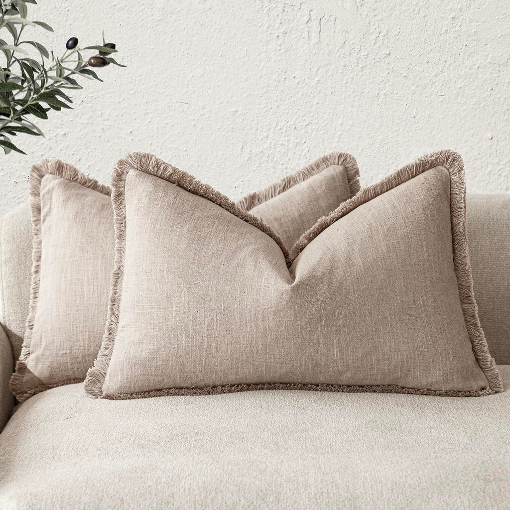 Foindtower Decorative Linen Fringe Throw Pillow Covers 20×20 Inch,Beige