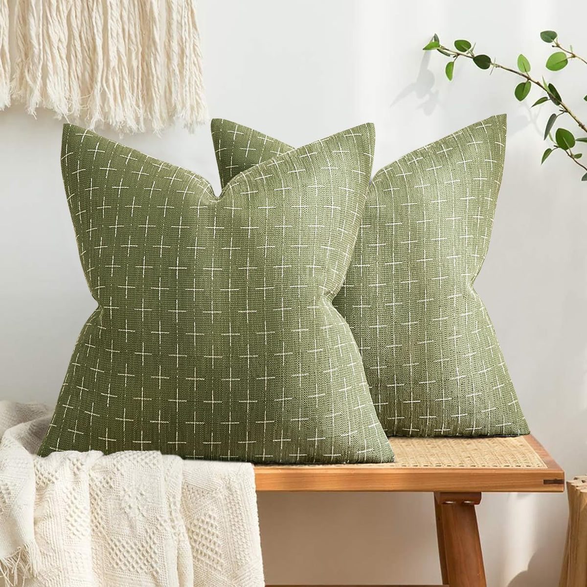 MIULEE Pack of 2 Decorative Vintage Burlap Linen Spring Throw Pillow Covers Modern Farmhouse Pillowcase Rustic Woven Textured Cushion Cover for Sofa Couch Bed 18x18 Inch Olive Green