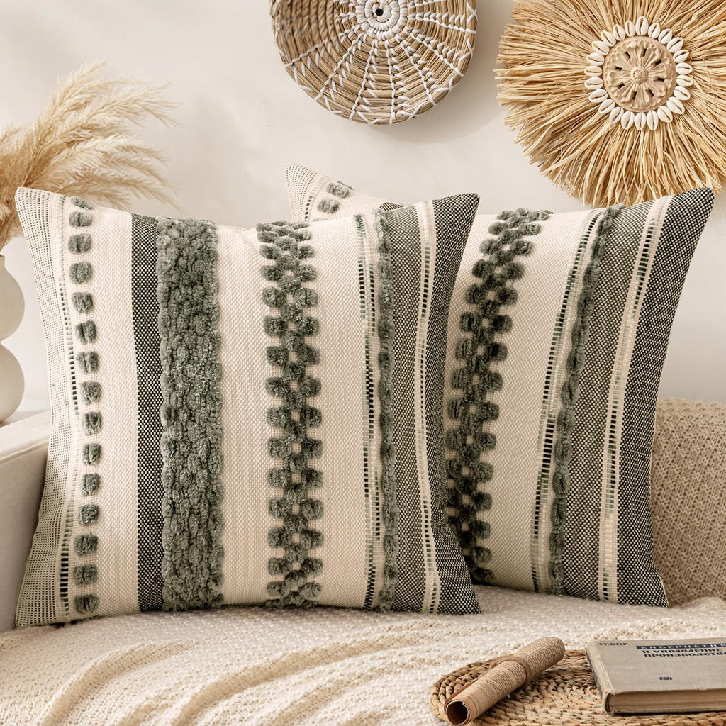 ANRODUO Boho Decorative Pillow Covers Olive Green Stripe 18x18 Pack of 2
