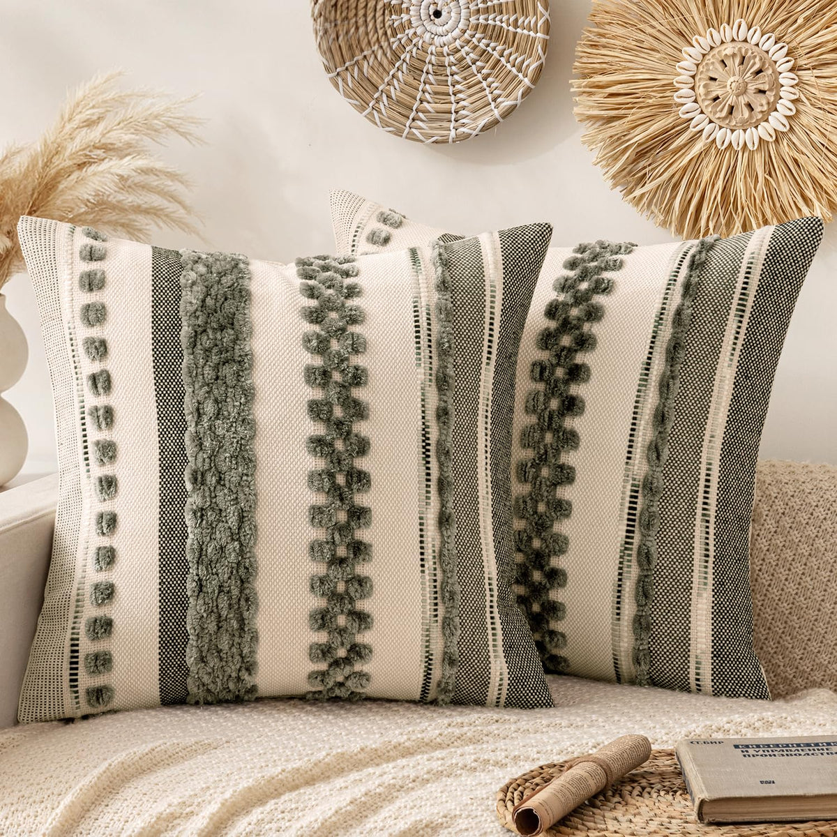 ANRODUO Boho Decorative Pillow Covers Olive Green Stripe 18x18 Pack of 2