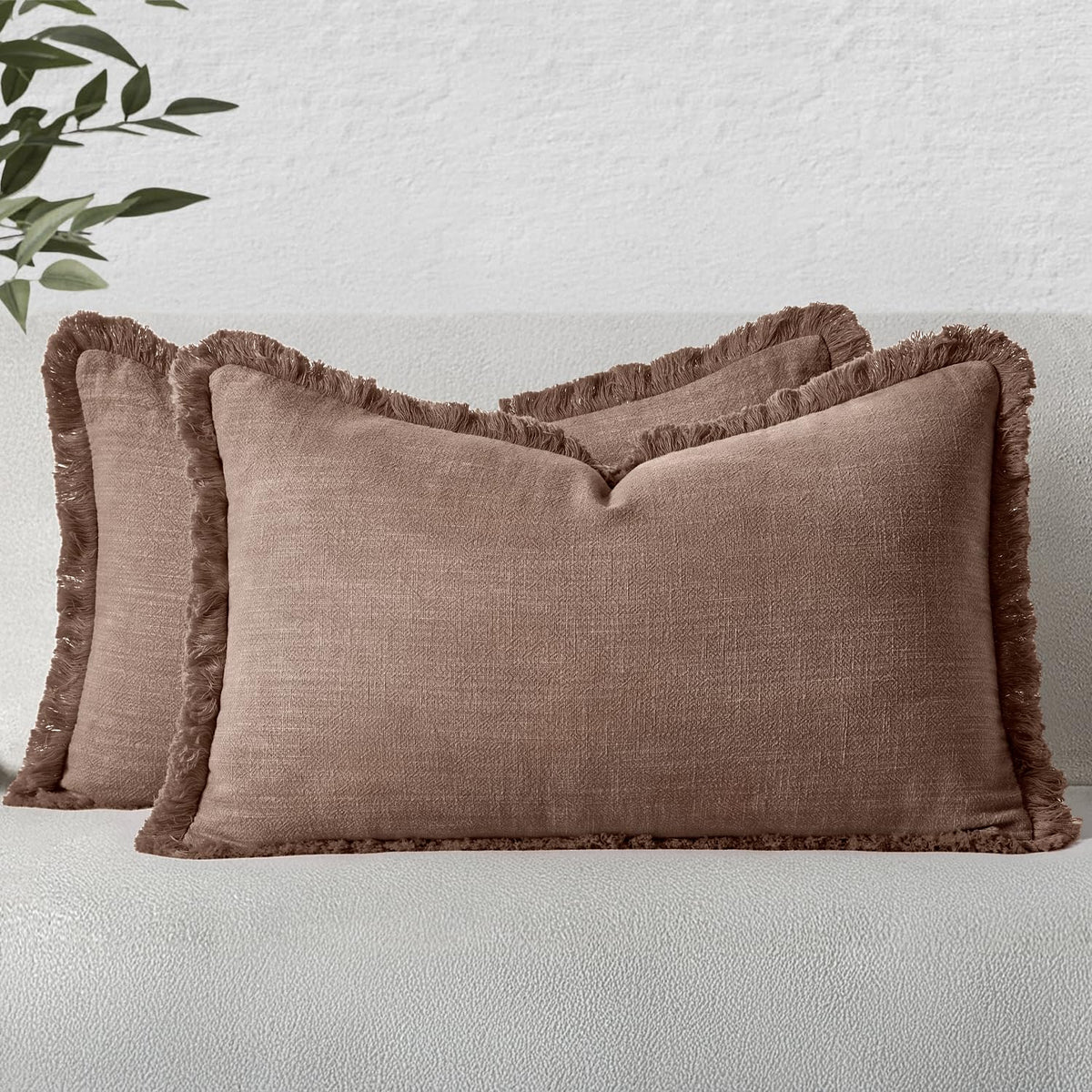 MIULEE Linen Fringe Decorative Throw Pillow Covers Natural Beige 20x20