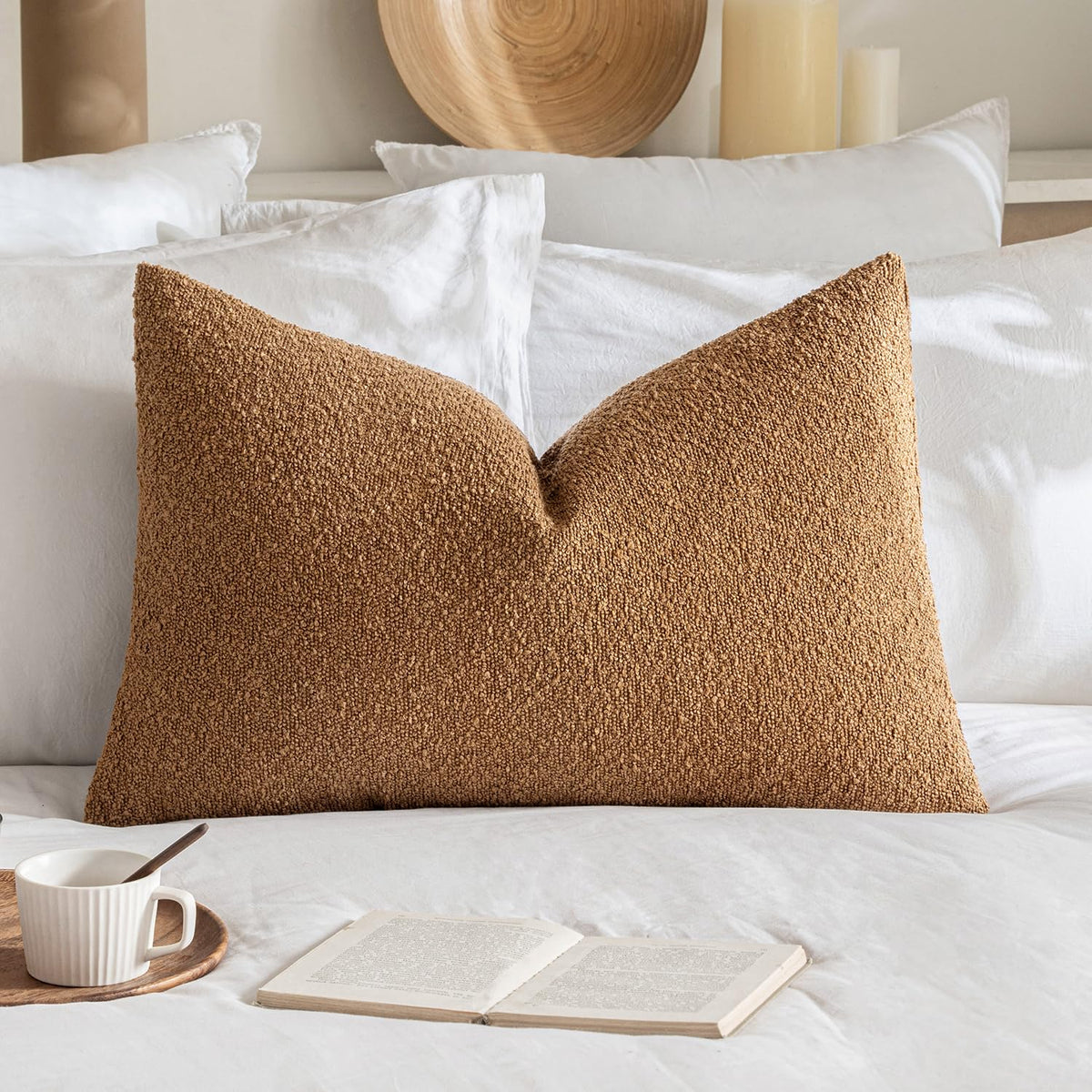 MIULEE Textured Boucle Lumbar Pillow Cover for Bed 12x20 Olive Green
