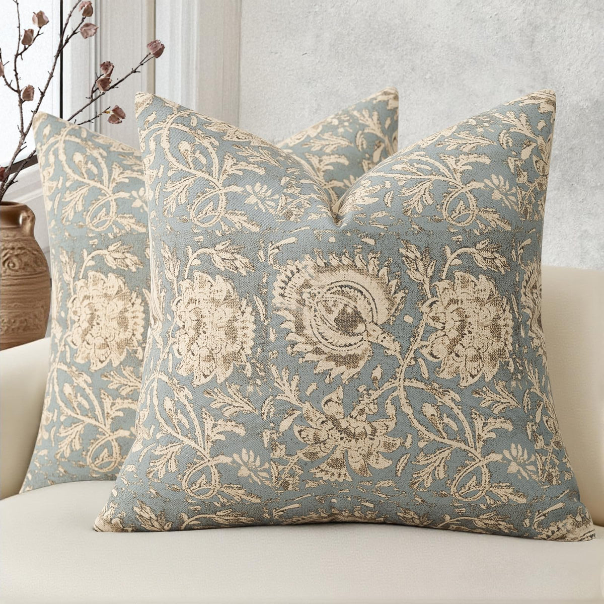 Vintage Floral Print Throw Pillow Covers 20x20 Set of 2 Neutral Modern Farmhouse Pillowcase Accent Decorative Cushion Covers Boho Home Decor for Couch Sofa Chair Bed Living Room, Olive Green