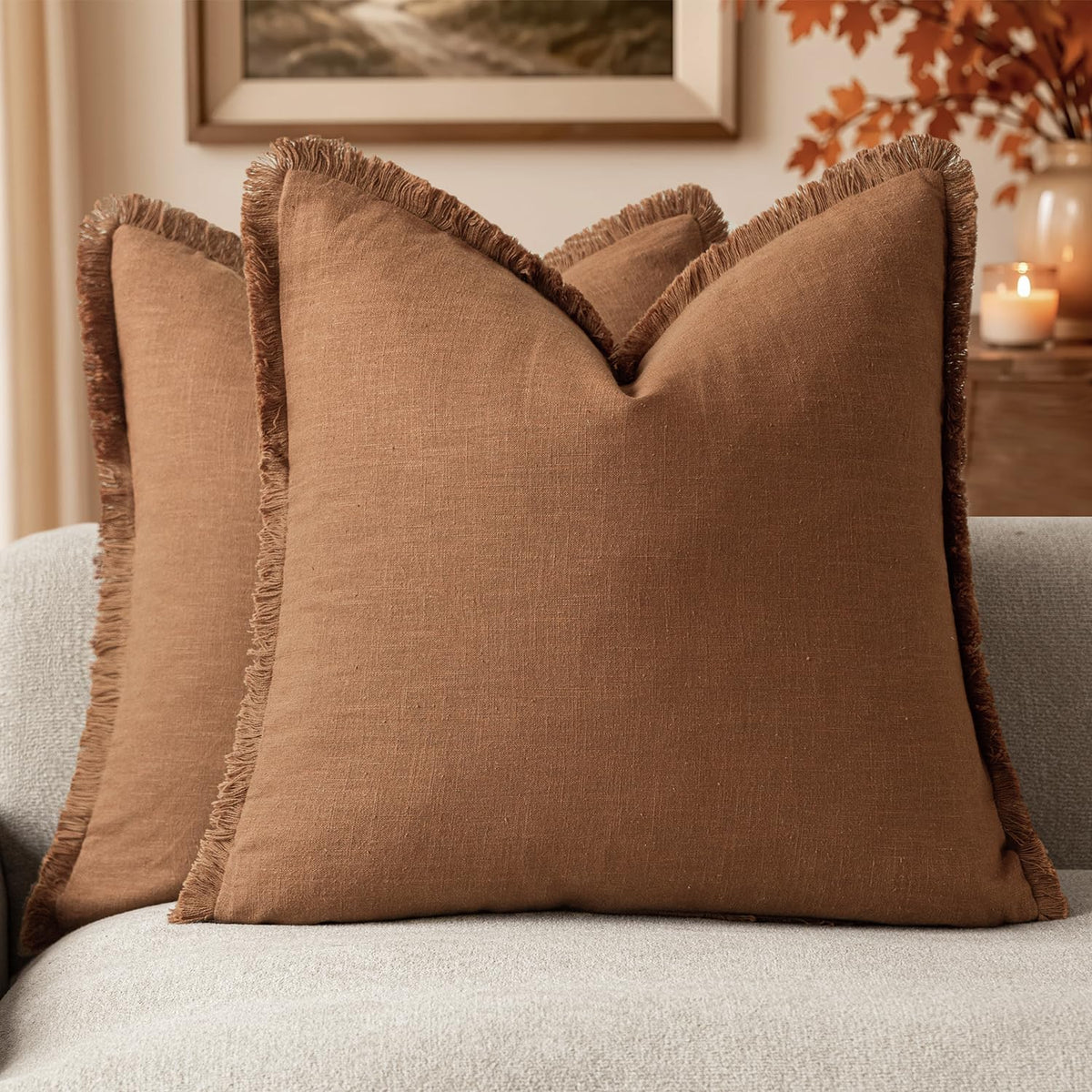 Foindtower Decorative Linen Fringe Throw Pillow Covers 18×18 Olive Green