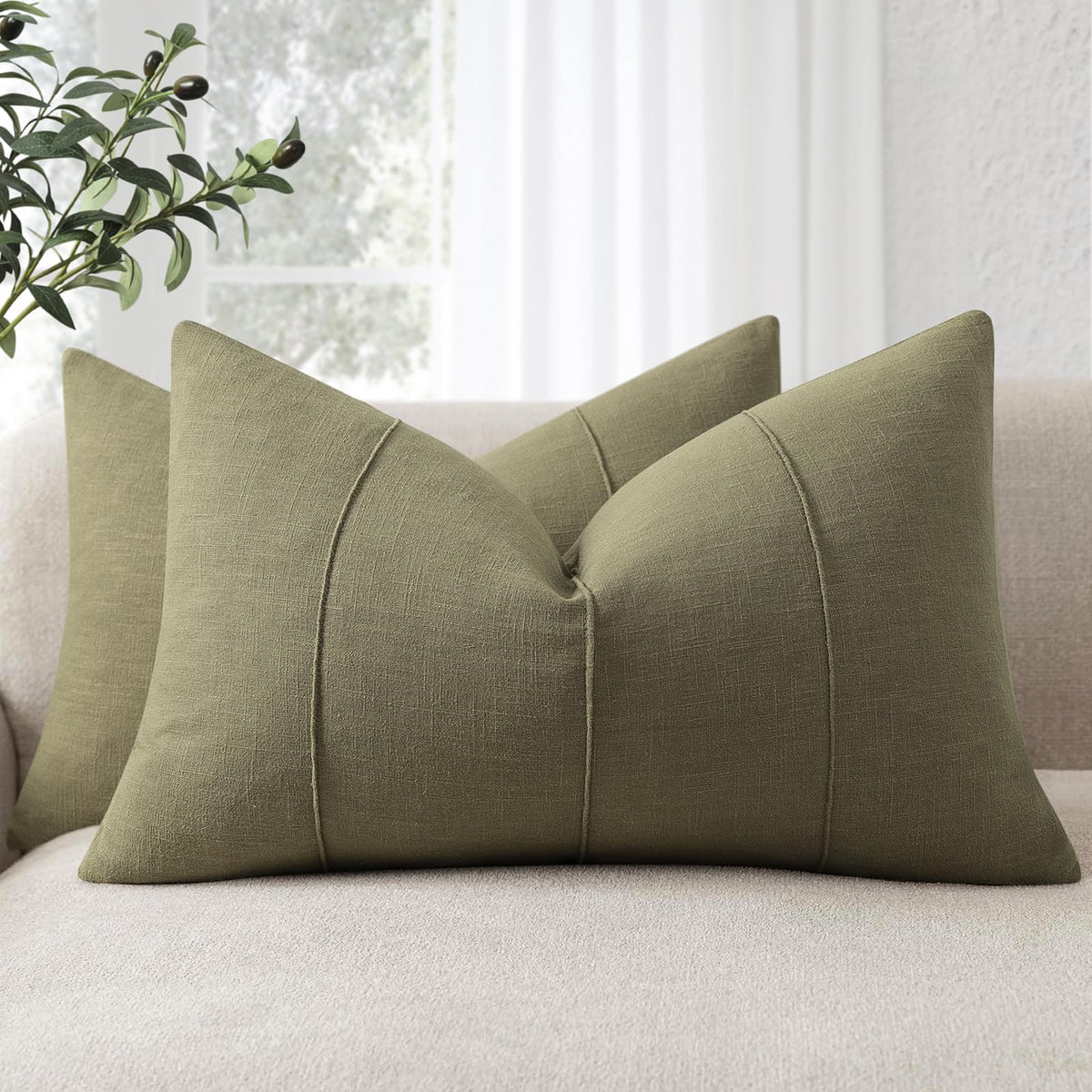 Decorative Linen Throw Pillow Covers 18x18 Set of 2 Solid handcrafted Striped Cushion Covers for Bed Soft Modern Farmhouse Neutral Pillowcase for Couch Bedroom Living Room Home Decor(Natural Beige)