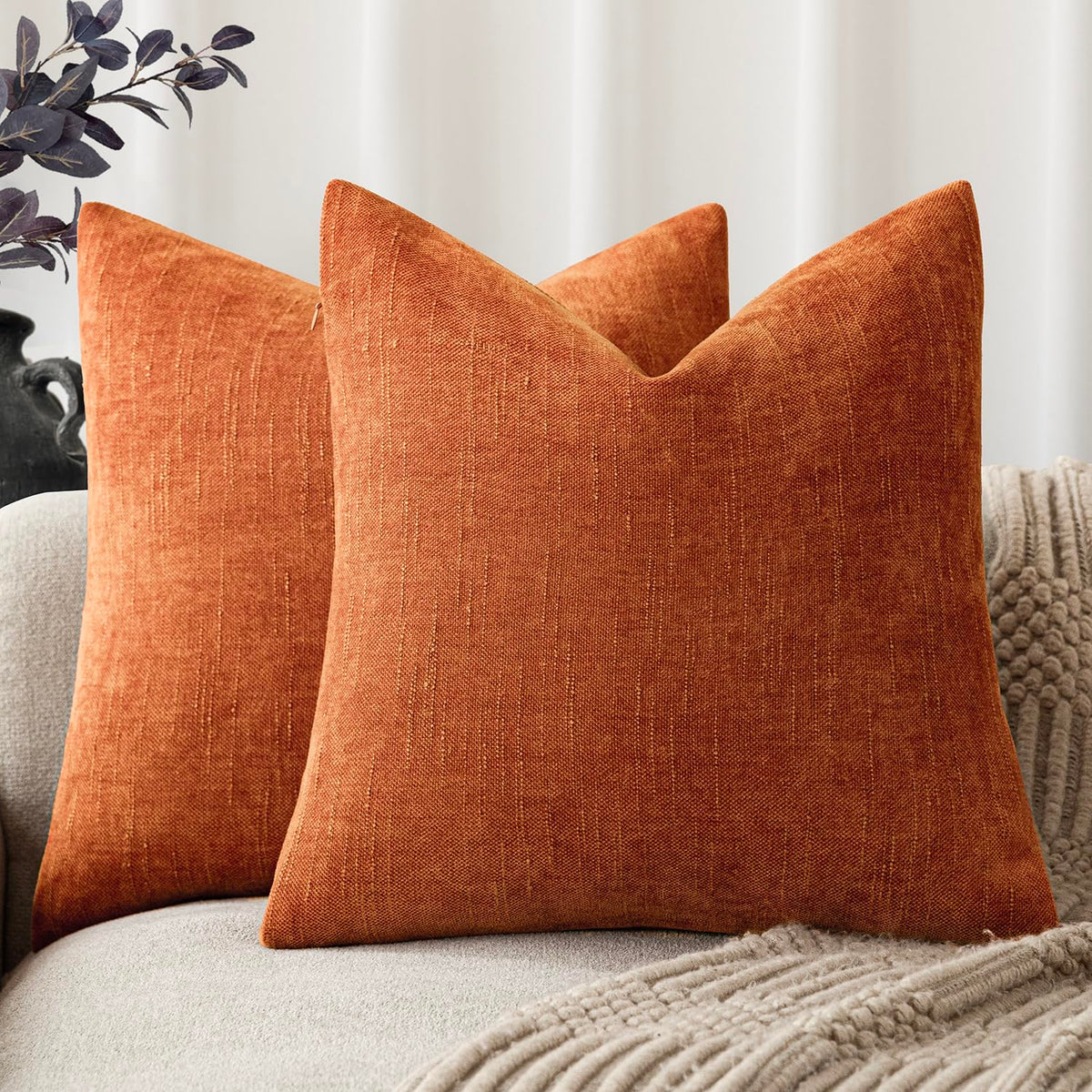 Foindtower Solid Textured Chenille Throw Pillow Covers 20x20 Inch,Taupe