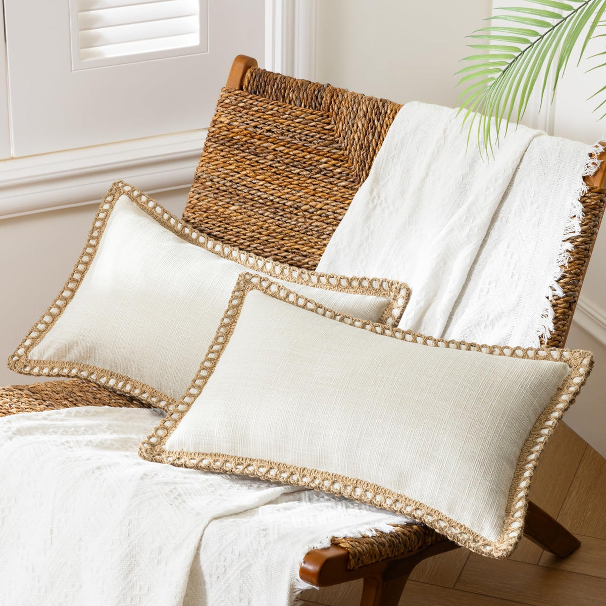 Phantoscope Pack of 2 Farmhouse Decorative Solid Throw Decorative Pillow Cover Burlap Linen Trimmed Tailored Edges Navy Blue 18 x 18 inches, 45 x 45 cm