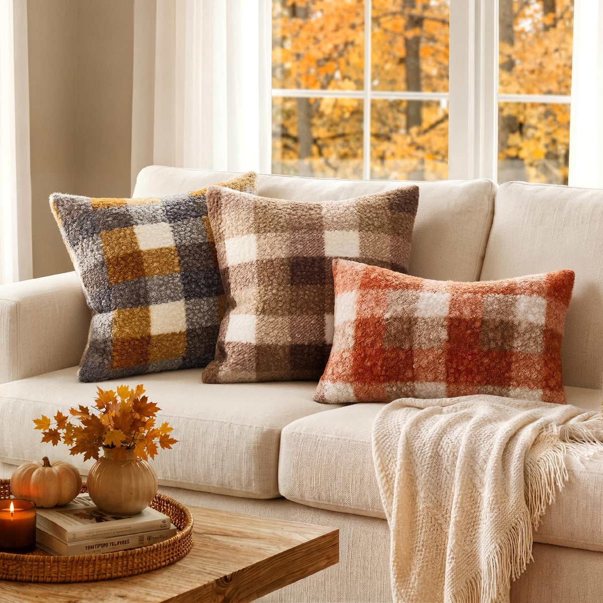MIULEE Fall Plaid Pillow Covers Boucle Khaki White 18x18 Set of 2