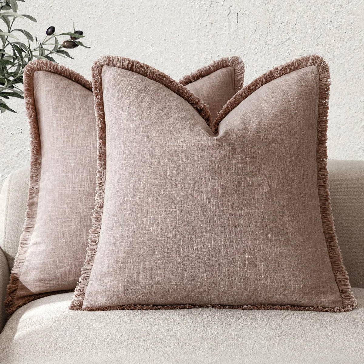 Foindtower Decorative Linen Fringe Throw Pillow Covers 20×20 Inch,Beige