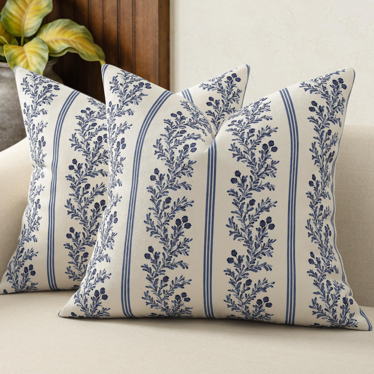 Vintage Throw Pillow Covers 18x18 Set of 2, Striped Floral Pillow Cover Botanical Patterned Decorative Cushion Covers Modern Farmhouse Home Decor for Sofa Couch Bed Living Room, Light Brown