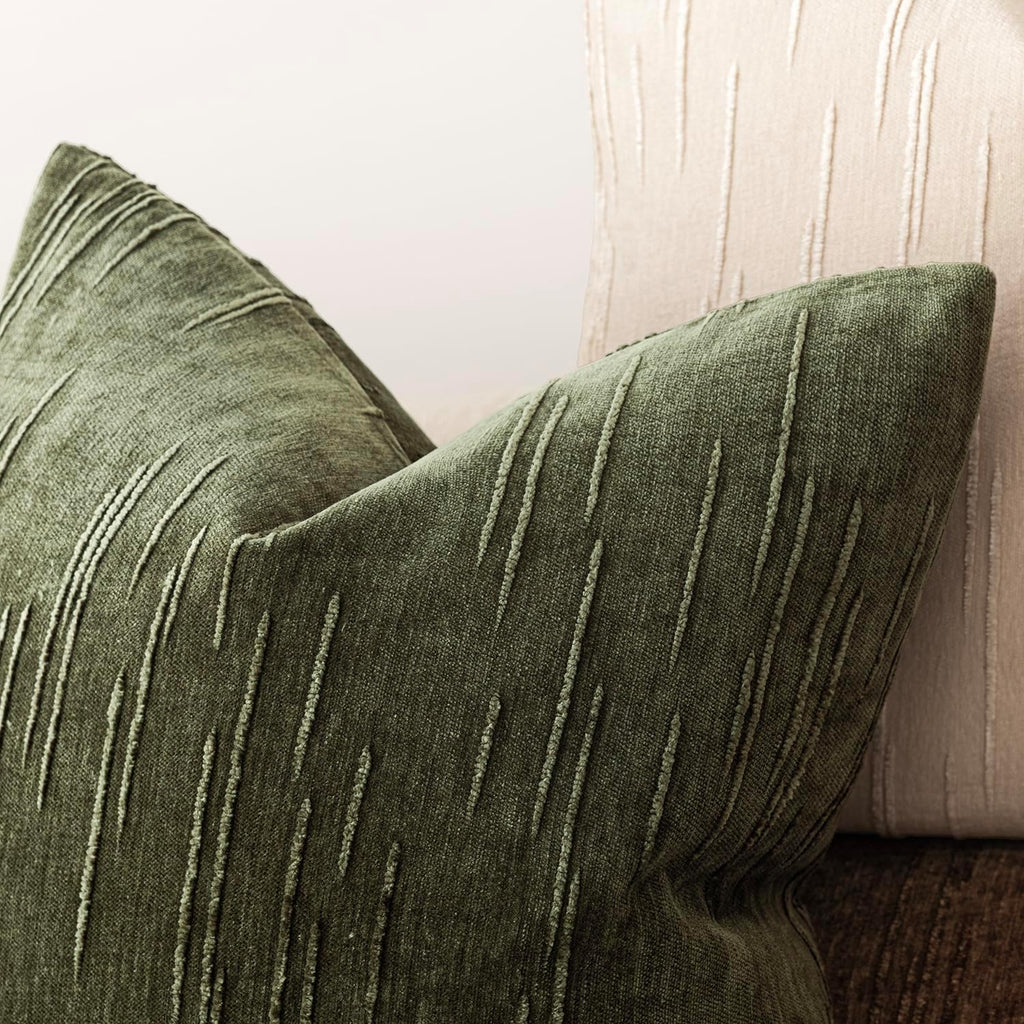 Foindtower Pack of 2 Slubby Textured Chenille Throw Decorative Pillow Covers Square Accent Solid Cushion Cover Neutral Farmhouse Pillow Case for Sofa Bedroom Living Room 18x18 Inch,Dark Olive Green