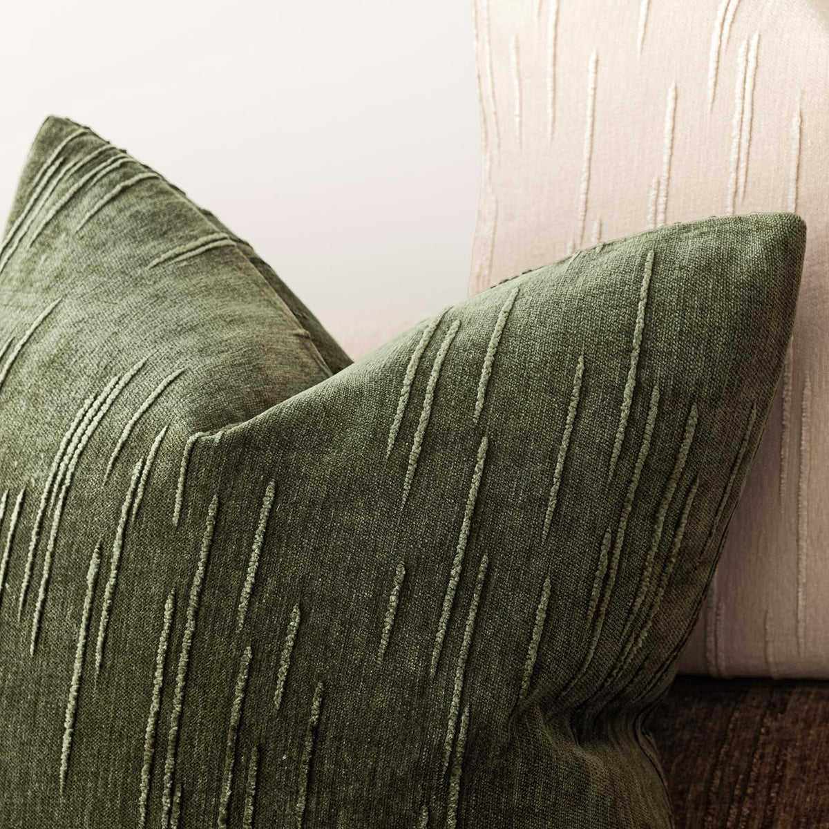 Foindtower Pack of 2 Slubby Textured Chenille Throw Decorative Pillow Covers Square Accent Solid Cushion Cover Neutral Farmhouse Pillow Case for Sofa Bedroom Living Room 18x18 Inch,Dark Olive Green