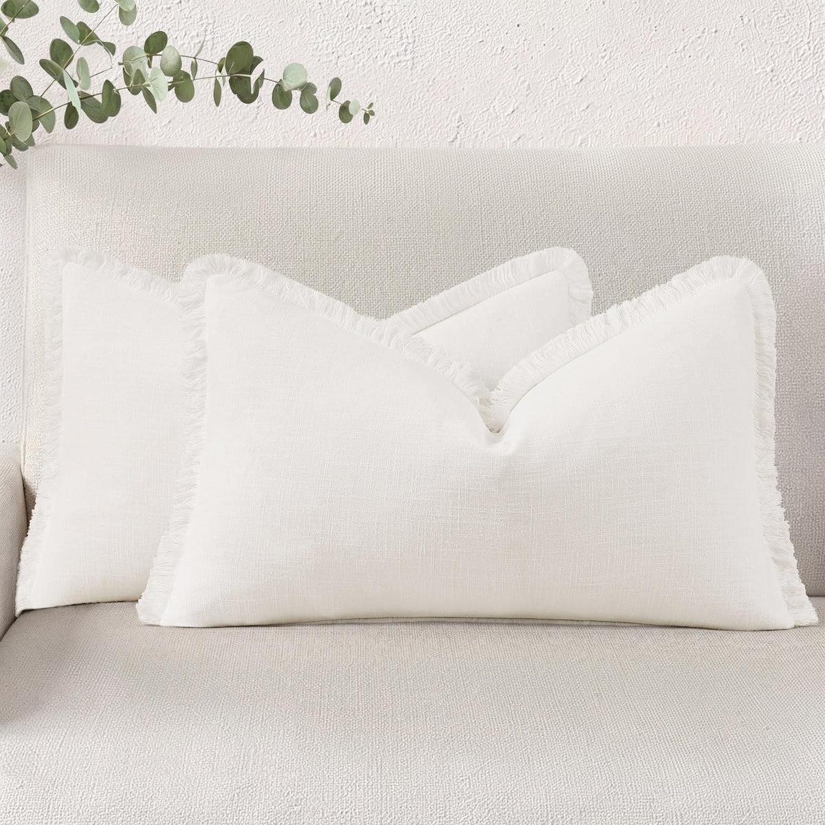 decorUhome Linen Fringe Natural Beige Throw Pillow Covers 18x18 Set of 2