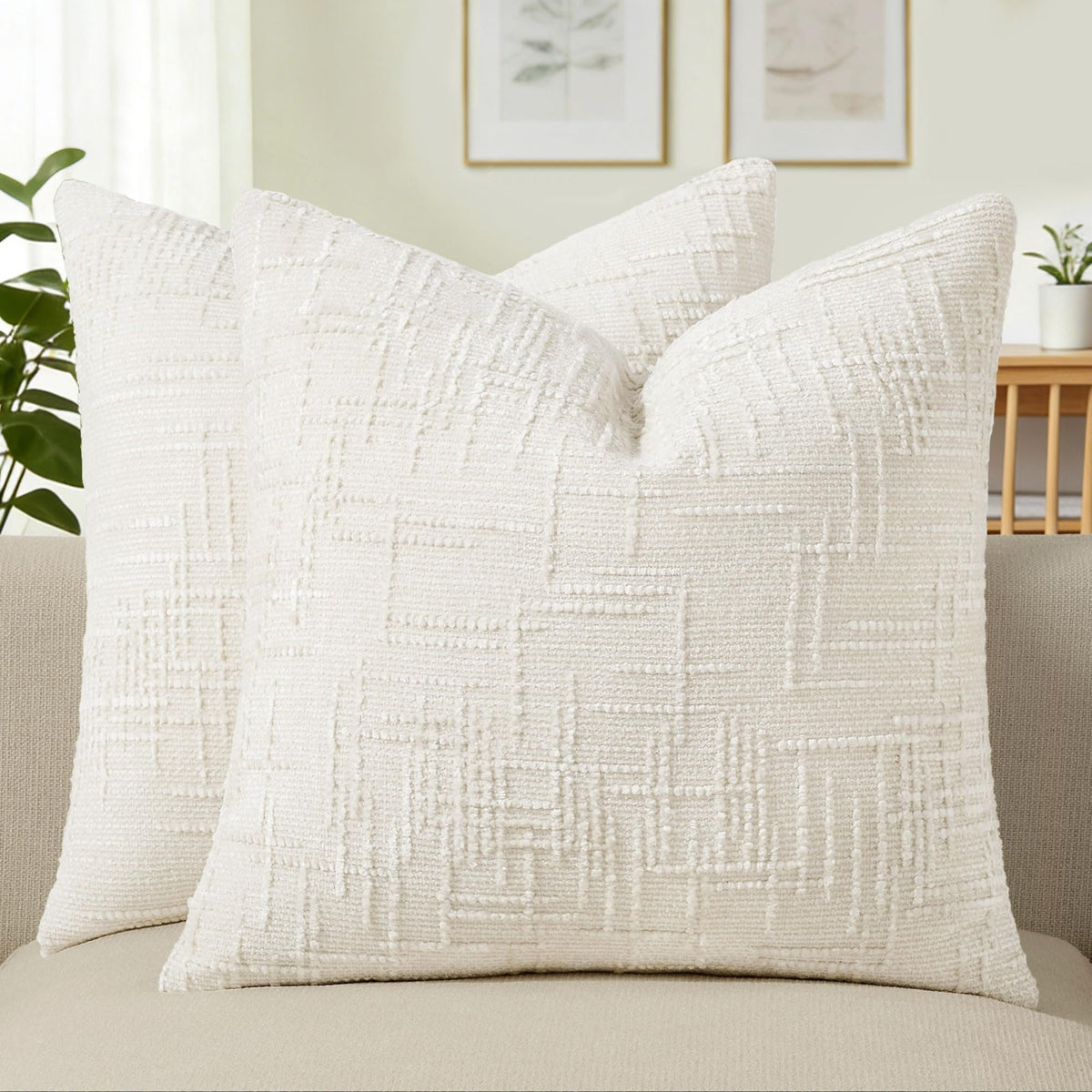 Allorry Decorative Couch Throw Pillow Covers 18x18 Set of 2 Camel Soft Chenille Pillow Covers Neutral Textured Boho Cushion Covers for Modern Farmhouse Sofa Bedroom Living Room Decor SY008-D18