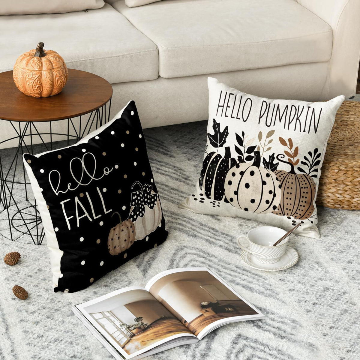 AVOIN colorlife Fall Hello Pumpkin Leaves Throw Pillow Covers, 18 x 18 Inch Autumn Thanksgiving Harvest Polka Dot Black Decorations for Sofa Couch Set of 4