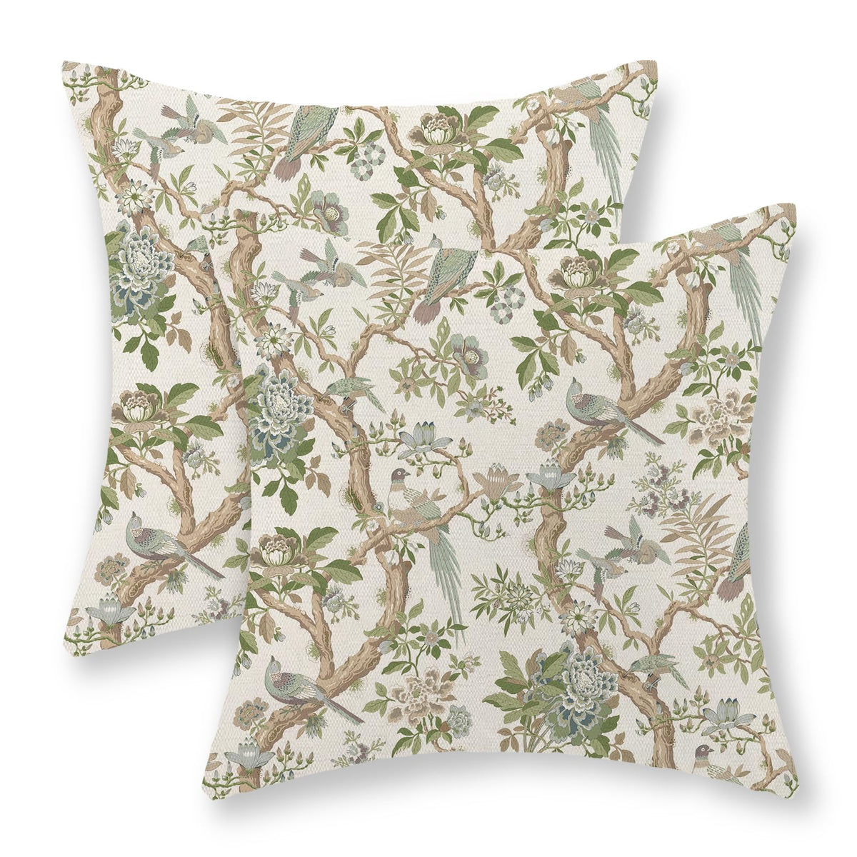 Chinoiserie Pillow Covers 18x18 Set of 2 Blue Green Bird Floral Throw Pillows Vintage Blue Flowers Decorations Outdoor Pillowcase Chinoiserie Decor Farmhouse Linen Cushion Case for Couch Home