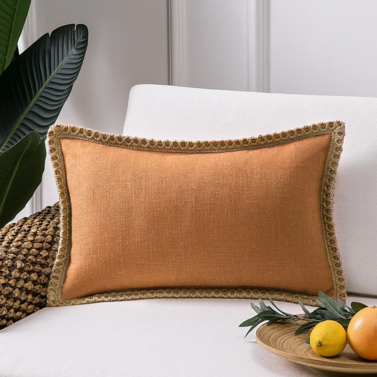 Phantoscope Pack of 2 Farmhouse Decorative Solid Throw Decorative Pillow Cover Burlap Linen Trimmed Tailored Edges Navy Blue 18 x 18 inches, 45 x 45 cm