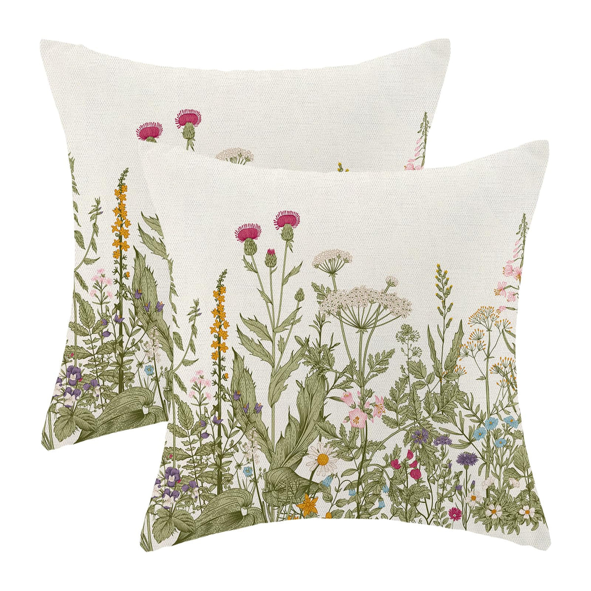 Spring Sage Green Wild Flower Pillow Covers 18x18 Set of 2