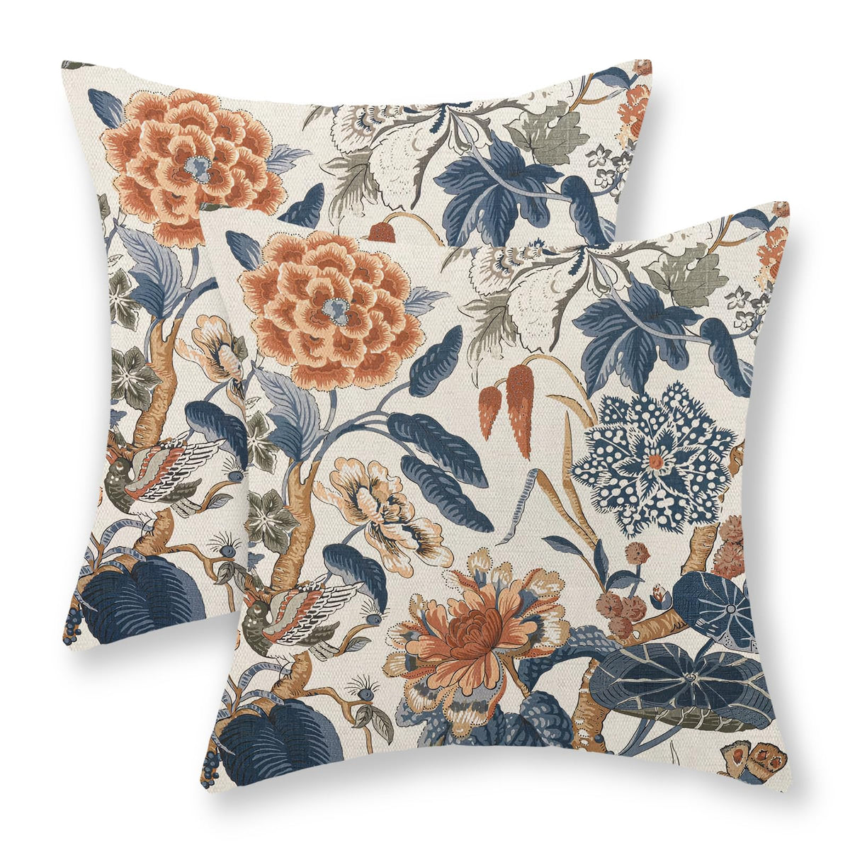 Chinoiserie Pillow Covers 18x18 Set of 2 Blue Green Bird Floral Throw Pillows Vintage Blue Flowers Decorations Outdoor Pillowcase Chinoiserie Decor Farmhouse Linen Cushion Case for Couch Home
