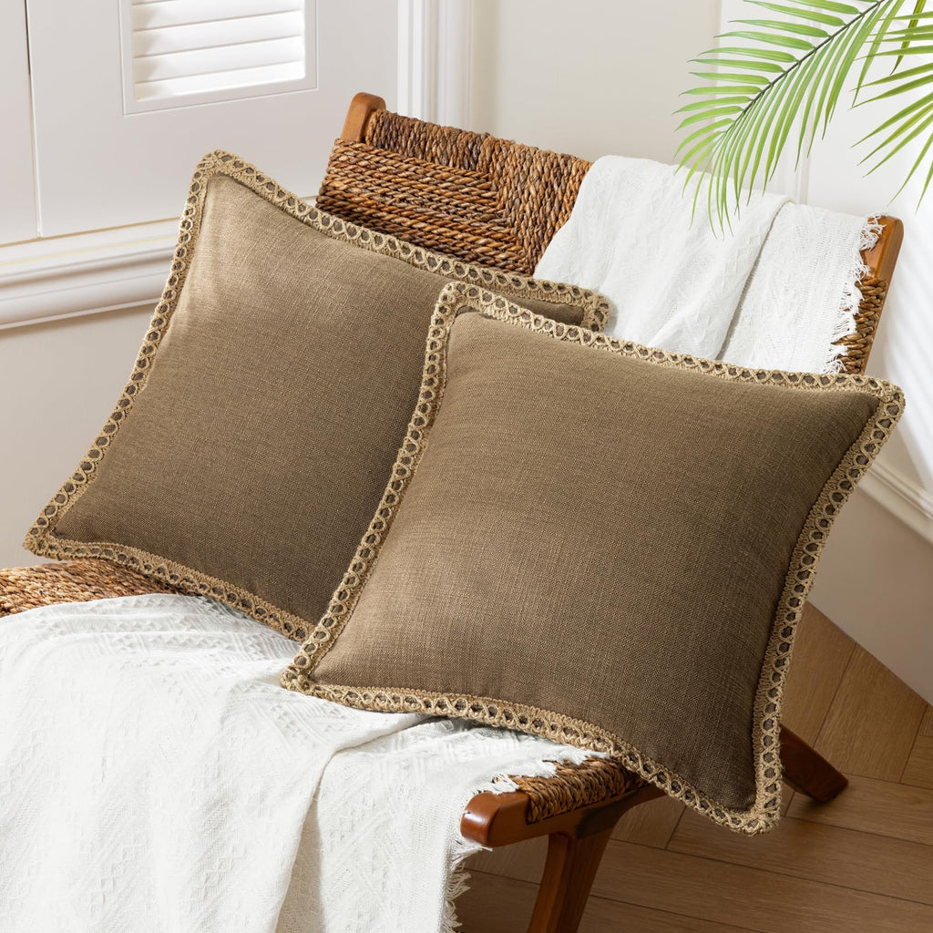 Phantoscope Pack of 2 Farmhouse Decorative Solid Throw Decorative Pillow Cover Burlap Linen Trimmed Tailored Edges Navy Blue 18 x 18 inches, 45 x 45 cm