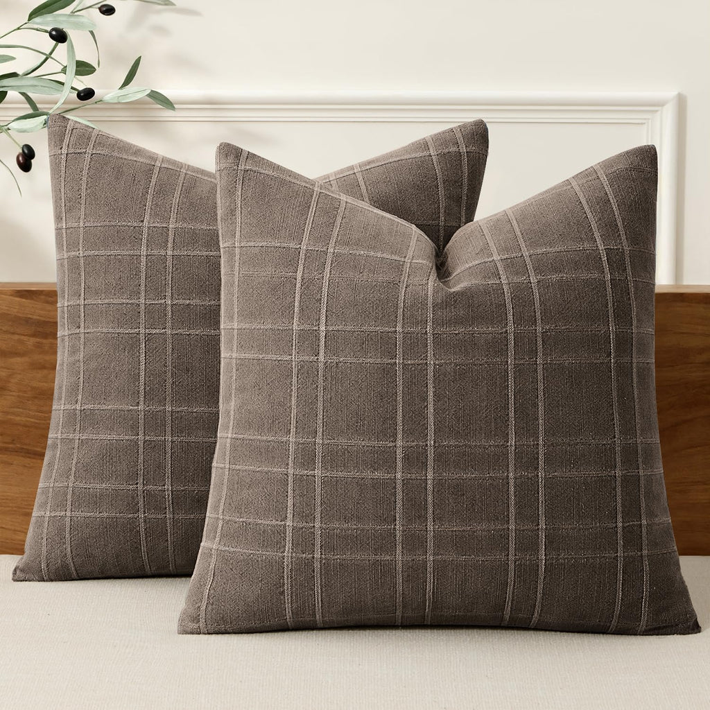 MIULEE Linen Plaid Pillow Covers Decorative 20x20 Natural Beige