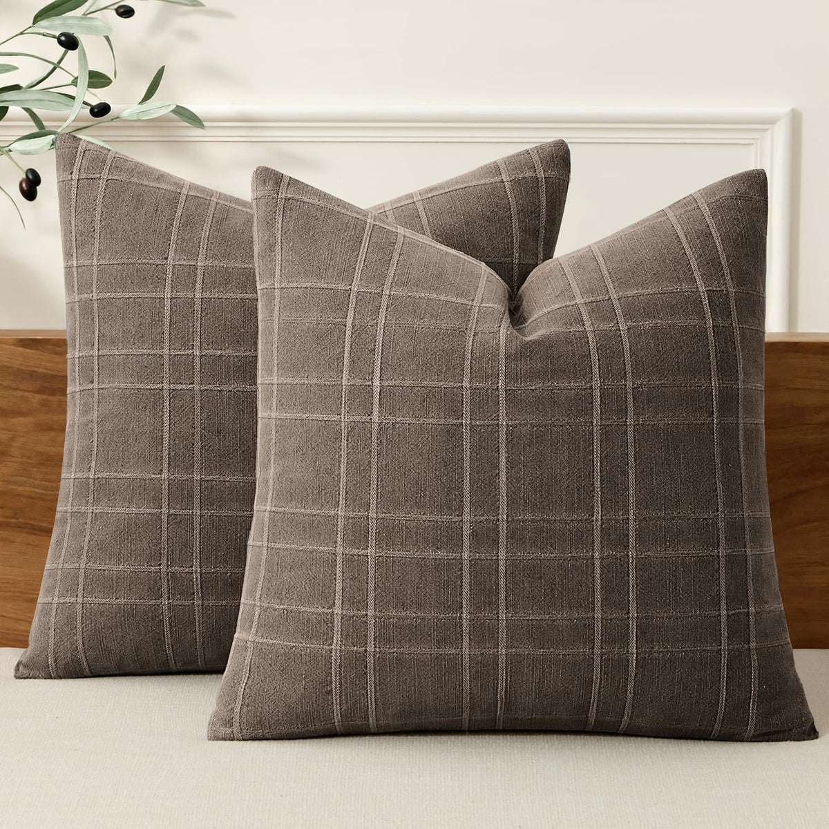 MIULEE Linen Plaid Pillow Covers Decorative 20x20 Natural Beige
