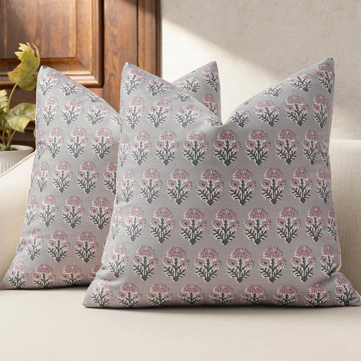Farmhouse Floral Pillow Covers 18x18 Set of 2, Country Botanical Throw Pillow Cover for Sofa Couch Bed Living Room, Rustic Vintage Flower Cushion Covers Cottage Home Decor,Vintage Walnut
