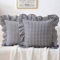 Gingham Throw Pillow Covers 18x18, Warm Taupe/White, Ruffle Trim