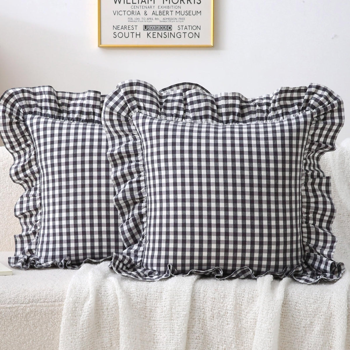 Gingham Throw Pillow Covers 18x18, Warm Taupe/White, Ruffle Trim
