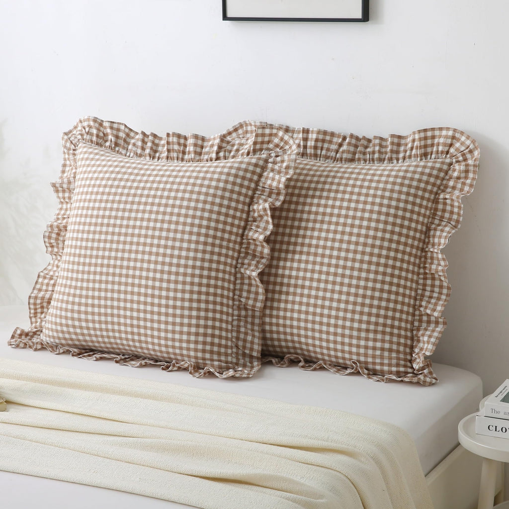 Gingham Throw Pillow Covers 18x18, Warm Taupe/White, Ruffle Trim