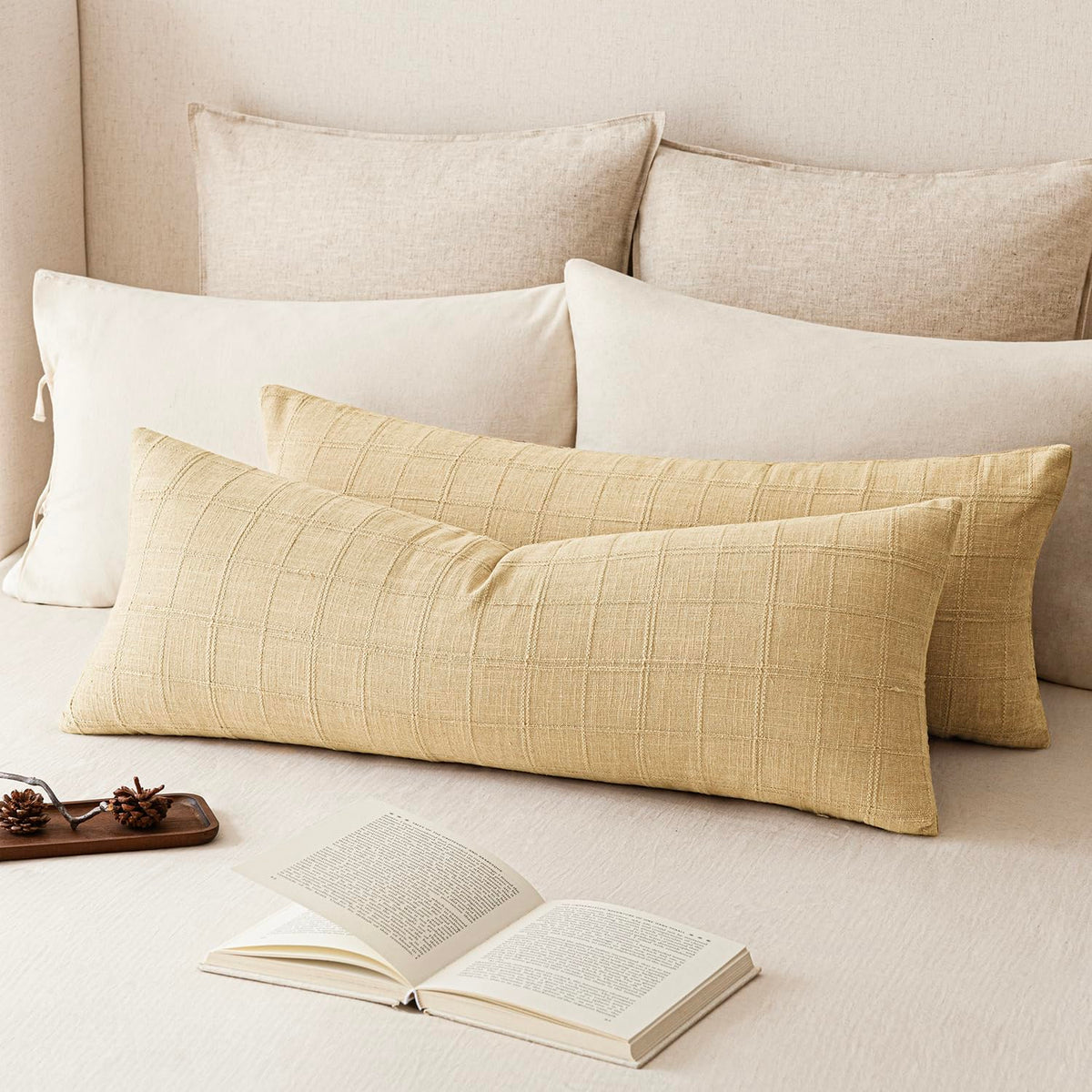 Foindtower Boho Linen Check Decorative Throw Pillow Cover 20×20 Olive Green