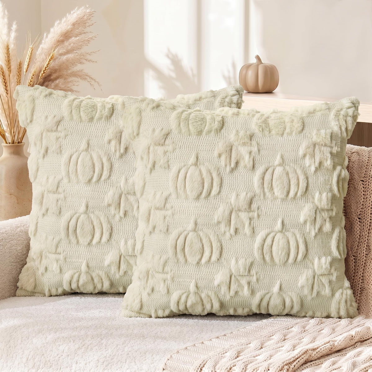AVOIN colorlife Beige Fall Pumpkin Throw Pillow Covers 18x18 Inch