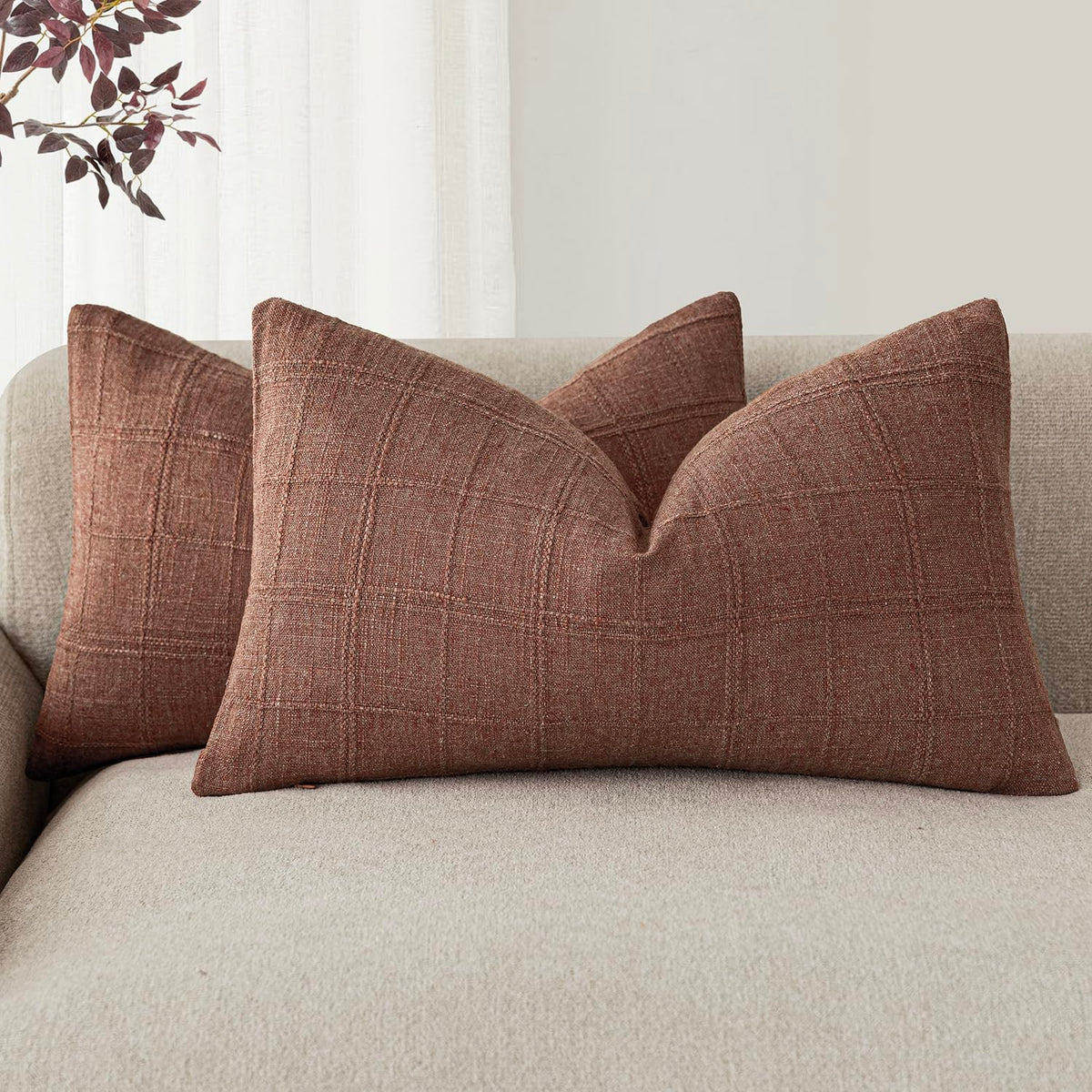 Foindtower Boho Linen Check Decorative Throw Pillow Cover 20×20 Olive Green