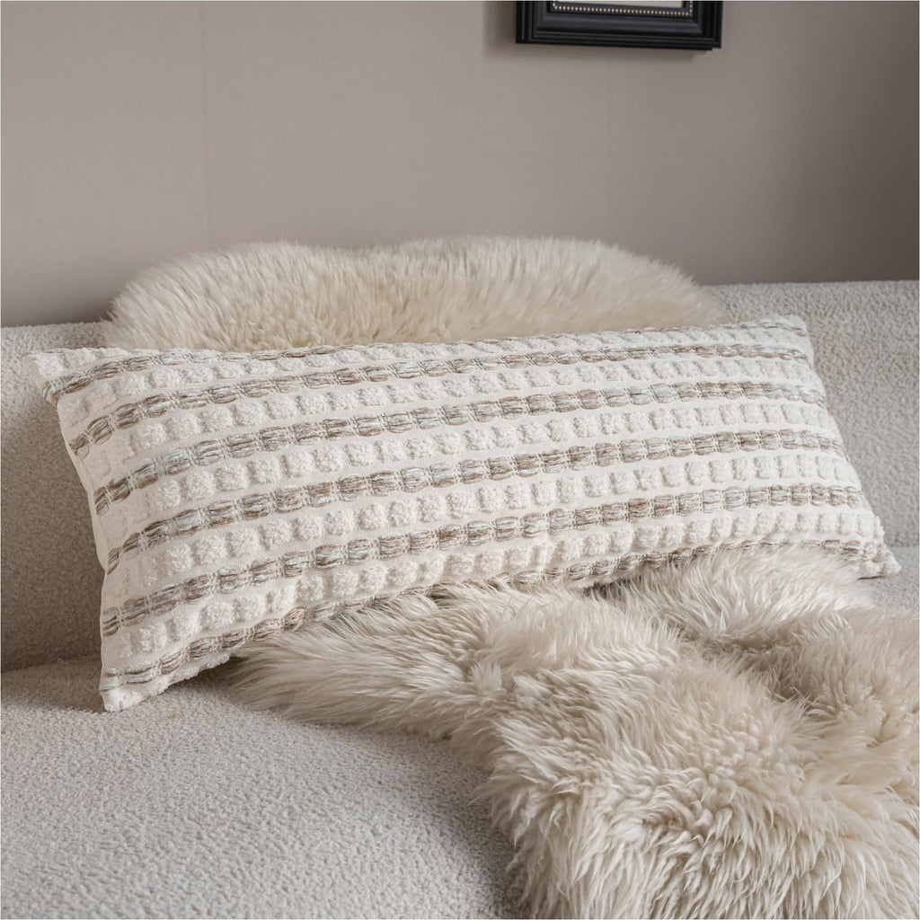 Caflife Beige Striped Chenille Boho Throw Pillow Covers 18x18 Inch Set of 2