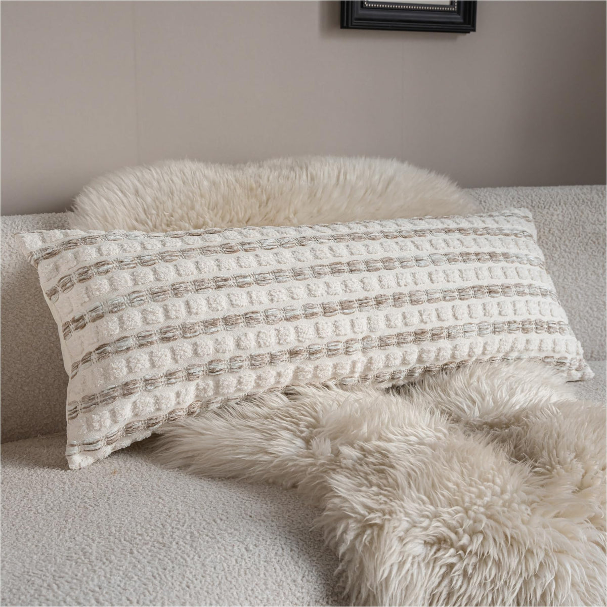 Caflife Beige Striped Chenille Boho Throw Pillow Covers 18x18 Inch Set of 2