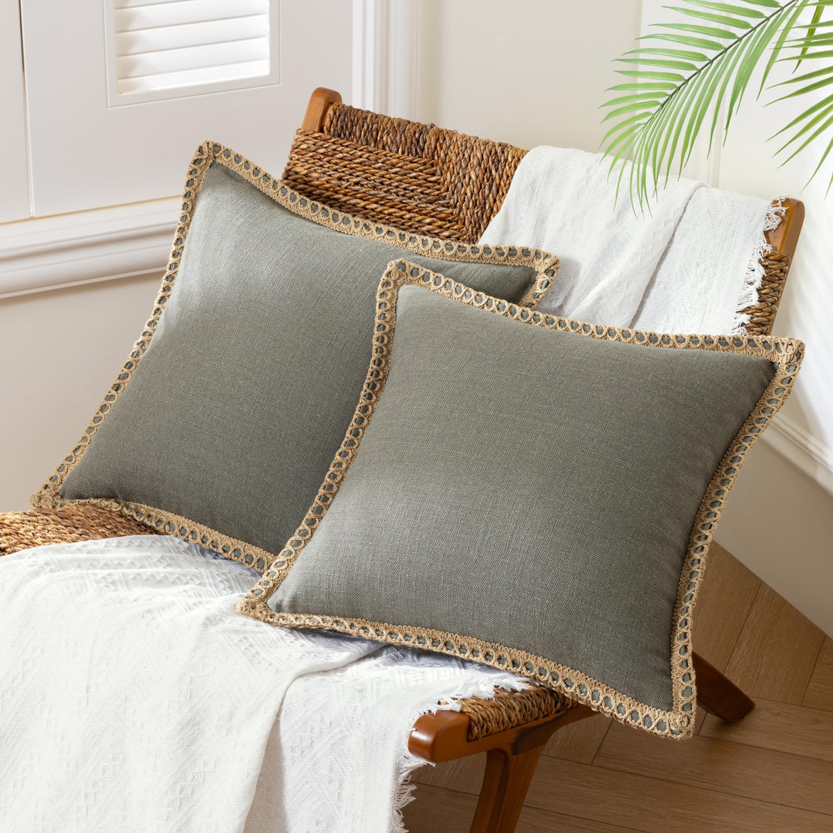 Phantoscope Pack of 2 Farmhouse Decorative Solid Throw Decorative Pillow Cover Burlap Linen Trimmed Tailored Edges Navy Blue 18 x 18 inches, 45 x 45 cm