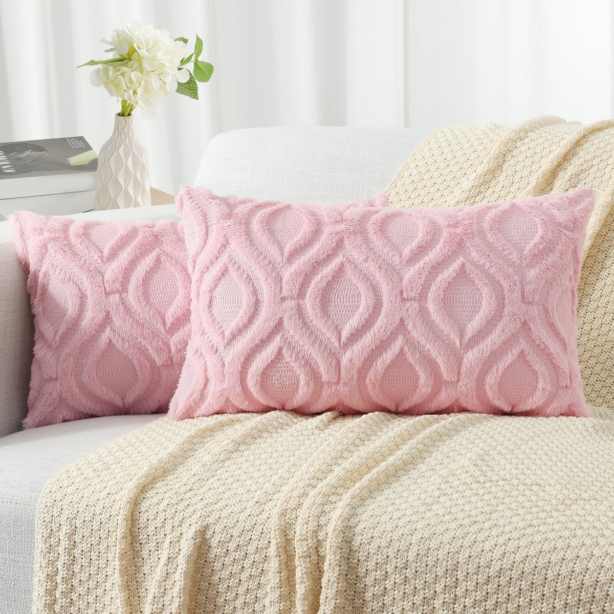 decorUhome Faux Fur Plush Soft Beige Throw Pillow Covers 18x18 Set of 2