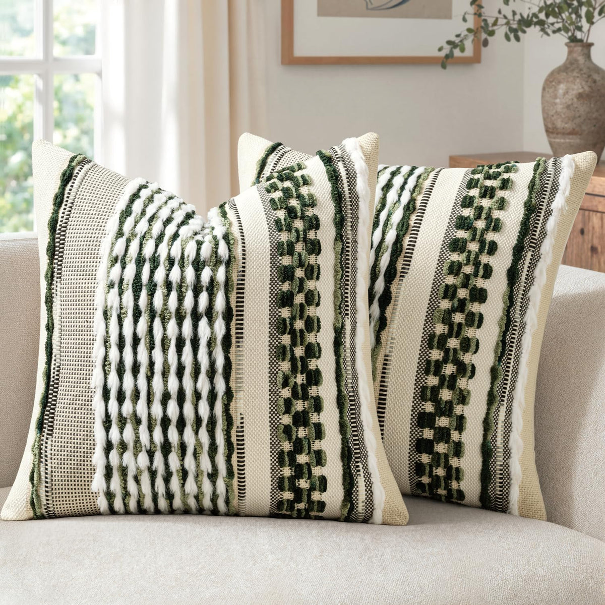 ANRODUO Boho Decorative Pillow Covers Olive Green Stripe 18x18 Pack of 2