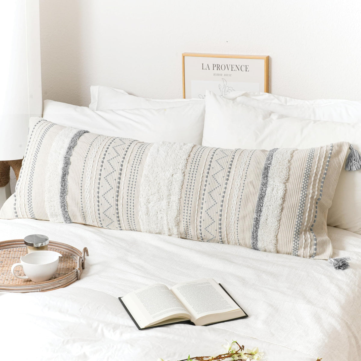BlissBlush 14x36 Lumbar Pillow Cover for Bed, Rectangular Long Decorative Throw Pillowcase, Boho Accent Cushion with Tufted Pattern and Tassels, Cream Beige Neutral (Cover Only)