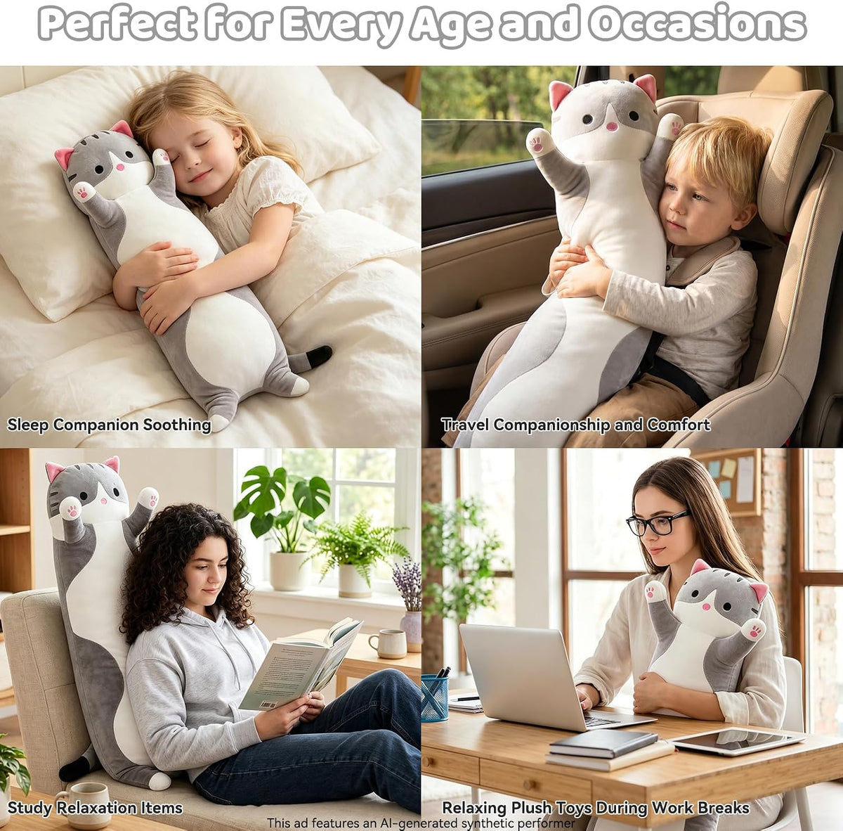 Cute Long Cat Plush Body Pillow, Soft Stuffed Animals 19.7 Inch