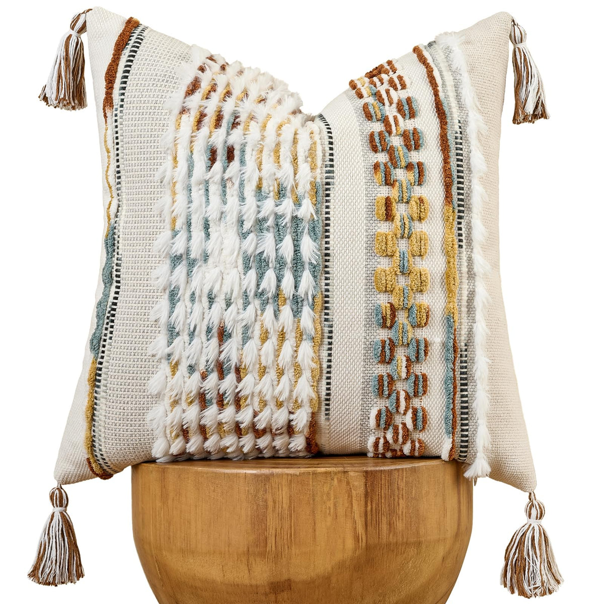 AmHoo Set of 2 Chenille Striped Textured Boho Throw Pillow Covers Aesthetic with Tassels Woven Decorative Pillow Case for Couch Bed Sofa Bedroom Modern Funky 18 x 18-Inch Brown